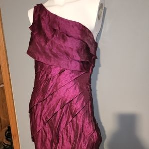 LONDON TIMES Shimmery Purple One Shoulder Ruffle Knee Length Party Dress